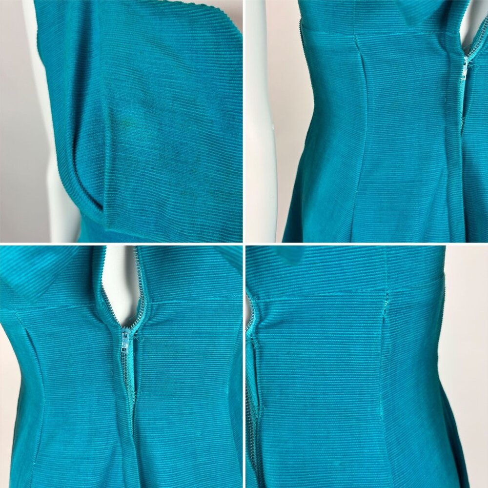 Vintage 50s Corduroy Dress Women's XXS Blue Bow Back Empire Bust Cocktail Fit & - Picture 9 of 10